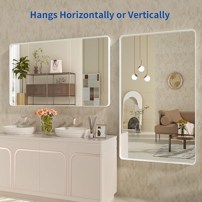 WEER White Bathroom Mirror 55X30 Inch, Rounded Rectangle White Metal Frame Mirror, Matte White Bathroom Vanity Mirror with Tempered Glass, Anti-Rust, Hangs Horizontally or Vertically