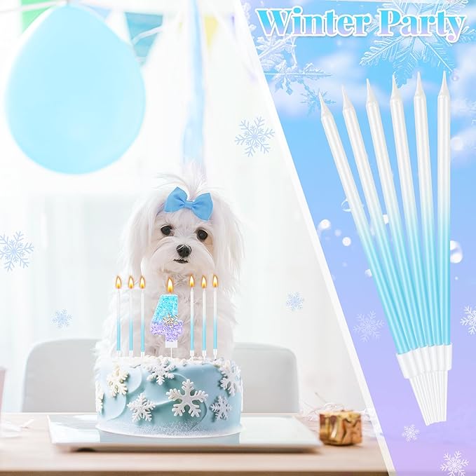 MTLEE Number 4 Birthday Candle Blue Snowflake with 6 Long Thin Cupcake Candles Blue Sparklers Glitter Number Happy Birthday Cake Topper Decorations for Winter Party Supplies