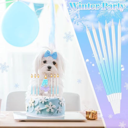 MTLEE Number 4 Birthday Candle Blue Snowflake with 6 Long Thin Cupcake Candles Blue Sparklers Glitter Number Happy Birthday Cake Topper Decorations for Winter Party Supplies