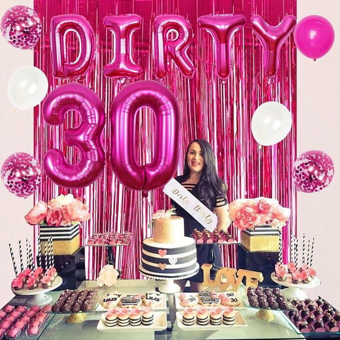 30th Birthday Party Decorations for Her Hot Pink Dirty Thirty Banner Balloon Dirty 30 Sash Cake Topper for 30 Years Old Birthday Party Supplies