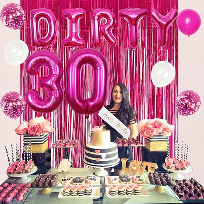30th Birthday Party Decorations for Her Hot Pink Dirty Thirty Banner Balloon Dirty 30 Sash Cake Topper for 30 Years Old Birthday Party Supplies