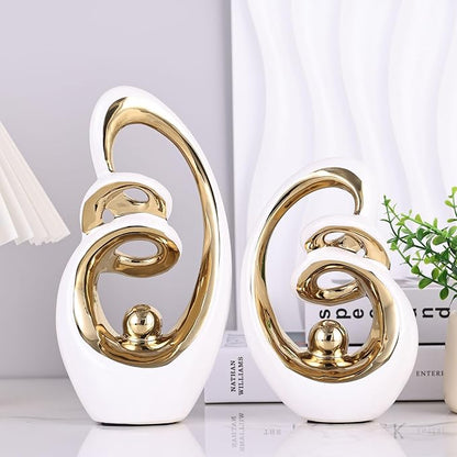 Modern Abstract Porcelain Sculpture, White Gold Show Piece for Home, Knick Knacks for Decor, Tv Stand Centerpiece
