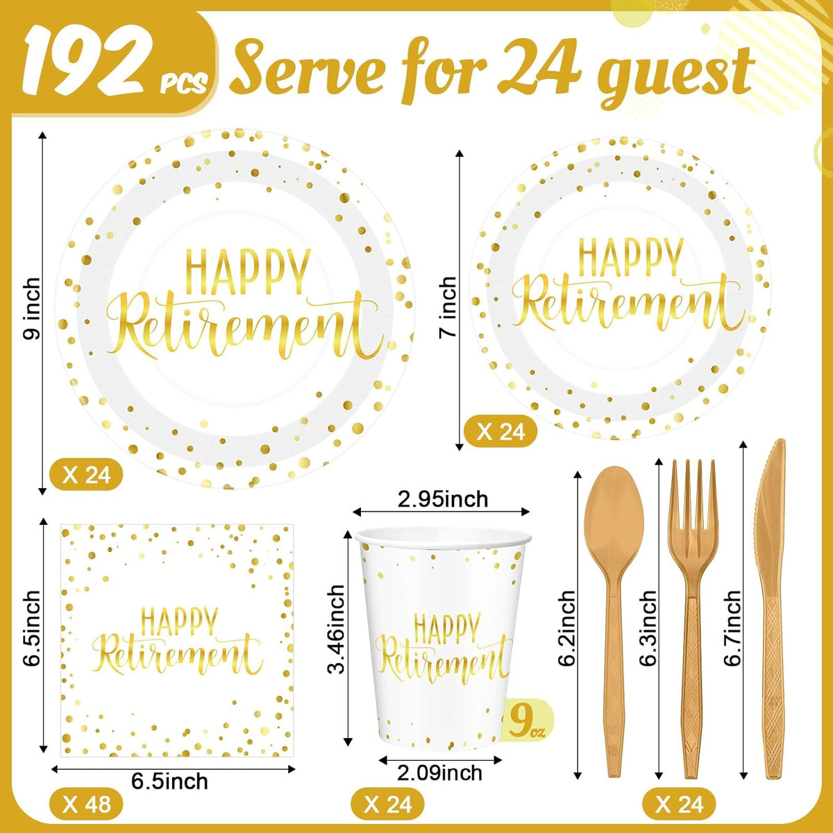 Pickmesh 192 Pcs Retirement Party Decorations Happy Retirement Paper Plates and Napkins Set with Cups and Knife Fork Spoon,Farewell Party Disposable Tableware for 24 Guest Women Men(White)