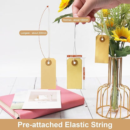 Manila Paper Tags with Elastic String - Coideal 200 Pcs Small Hang Price Tags Attached Reinforced Hole, Blank Marking Shipping Tags Label for Hanging Gift Clothing Jewelry (2 3/4" x 1 3/8")