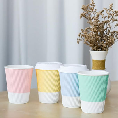 Disposable Coffee Cups With Lids - 12 oz To Go Coffee Cup With Lid (80 Set). Durable Togo Travel Paper Hot Cups Insulated For Hot and Cold Beverage Drinks, No Sleeves Needed (Assorted)