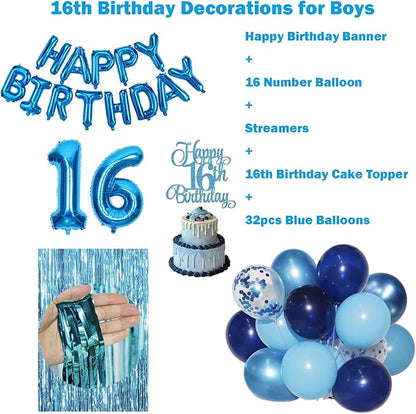16th Birthday Decorations for Boys 16th Birthday Balloons 16 Cake Topper Happy Birthday Banner Blue Streamers Happy 16th Birthday Decorations