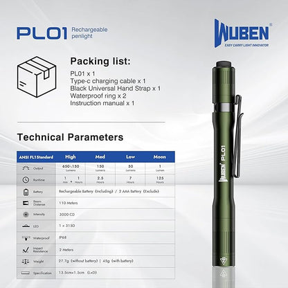 WUBEN PL01 Pen Light, 650 Lumens Pocket EDC Flashlight Rechargeable, Bright LED Pen Flashlight, IP68 Handheld Flash Lights, Compatible 2 AAA Battery for Home, Outdoor, Emergencies, Inspection