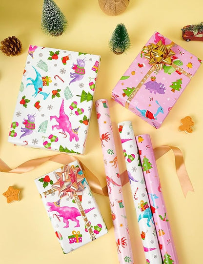 WERNNSAI Dinosaur Gift Wrapping Paper Rolls - 3 Rolls 17” x 120” Dino Kids Birthday Wrapping Paper Medium Roll Set Girl Pink Wrap Paper Happy Birthday Party Supply