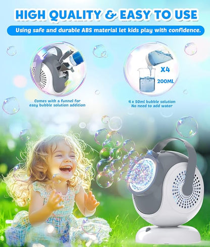 Rechargeable Bubble Machine - Auto 360° Rotation, 75° Tilt Range, 10 Large Wands - Bubbles Blower Maker for Kids, Toddlers, Outdoor Play, Wedding, Birthday, Parties, Gifts Toys for Boys, Girls