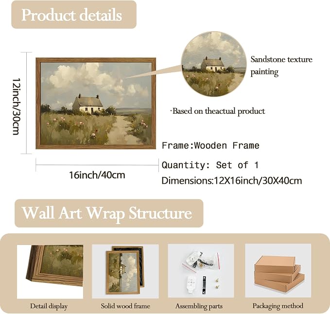 Vintage Farmhouse Wall Art, Country Cottage Wall Decor Paintings, Framed 3D Textured Hand Drawn Sandstone Natural Countryside Landscape Artwork for Bedroom Living Room 12x16 inch Wood Frame