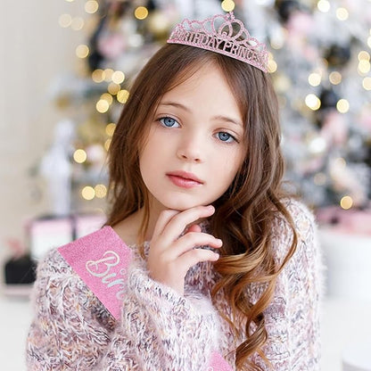 CAVETEE Princess Crowns and Sashes for Girls & Women - Birthday Party Decorations Set