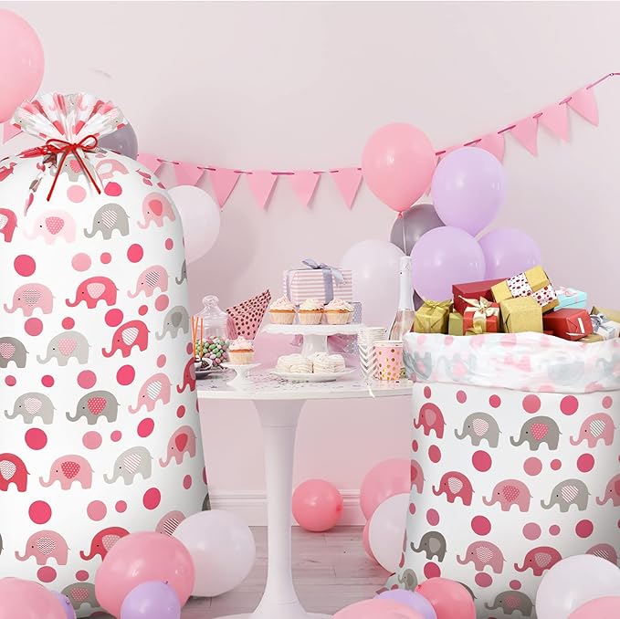 Leinuosen 2 Pcs 70 Inches Extra Large Gift Bags for Baby Shower Jumbo Oversized Plastic Gift Bags with Ropes for Birthday Parents Party Favors(Pink Elephant Polka Dot)