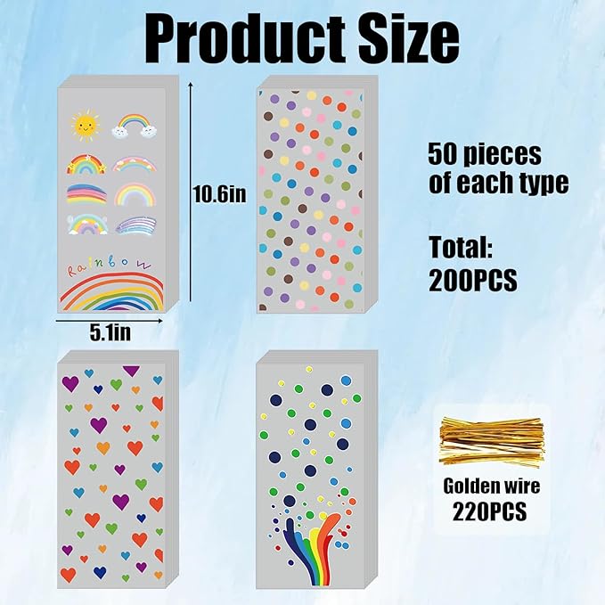 EatnMgan 200Pcs Rainbow Cellophane Treat Bags,Cellophane Bags,Party Favors Bags Cellophane Treat,Goodie Candy with 220Pcs Twist Ties for Candy Cookie Birthday Classroom Weddings Anniversary Baby Shower Supplies