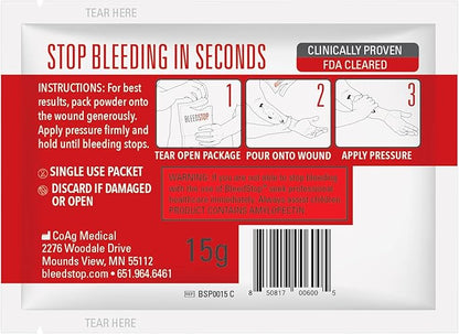 BleedStop™ First Aid Powder for Blood Clotting, Trauma Kit, Blood Thinner Patients, Camping Safety, and Survival Equipment for Moderate to Severe Bleeding Wounds or Nosebleeds - 4 (20g) Pouches