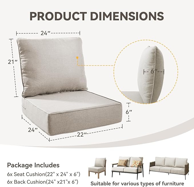 Outdoor Cushion Set for Furniture Patio Furniture, UV Resistant, Water Resistant - 6 Inch Thick Foam Garden Cushions– 22x24 Inch Patio Seat Covers for Chair/Sofa/Couch | Beige | 6-Pack |