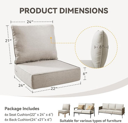 Outdoor Cushion Set for Furniture Patio Furniture, UV Resistant, Water Resistant - 6 Inch Thick Foam Garden Cushions– 22x24 Inch Patio Seat Covers for Chair/Sofa/Couch | Beige | 6-Pack |
