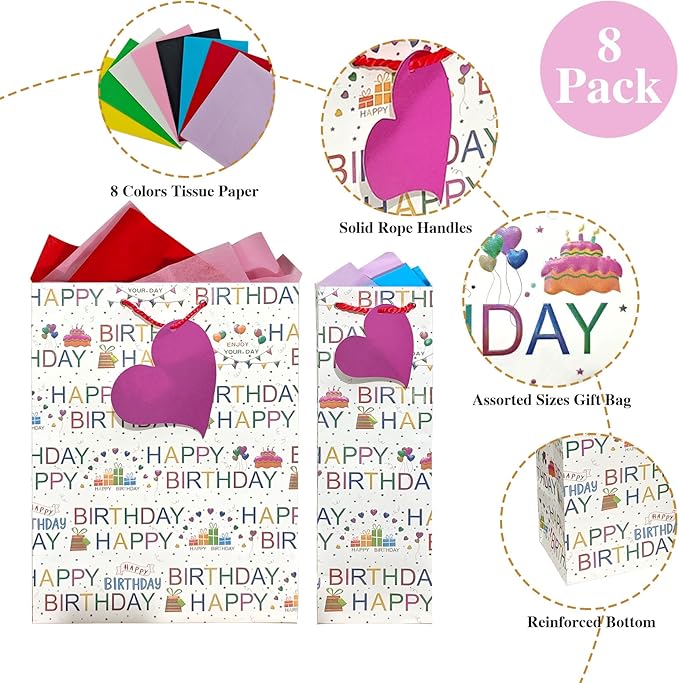 6 Pack Happy Birthday Gift Bags With Handles and 8 Colorful Tissue Papers,Assorted Size of Paper Gift Bag for Boy/Girls Kids Women Birthday Party, Anniversay Celebrations