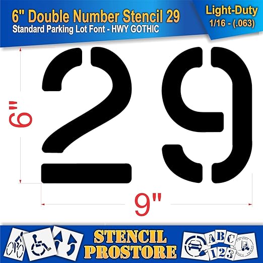 Pavement, Curb, and WheelStop Stencils - 6 inch Double Number Stencil - (29) - 6" x 9" x 1/16" (63 mil) - Light-Duty
