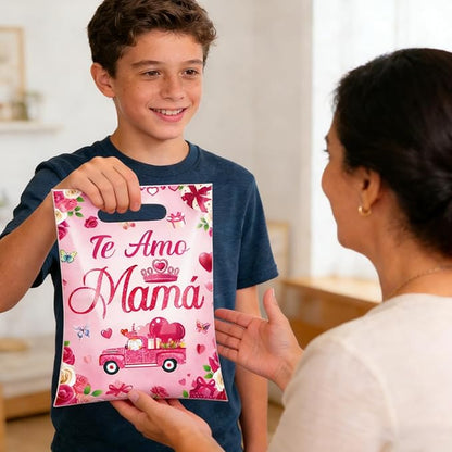 Hokinaa Mothers Day Gift Bags - 50 Pcs Feliz Día de Las Madres Bolsas de Regalo Spanish Happy Pink Floral Flower Large Plastic Goodie Treat Party Favors Snack Candy Bag Bulk with Handles for Women Mom