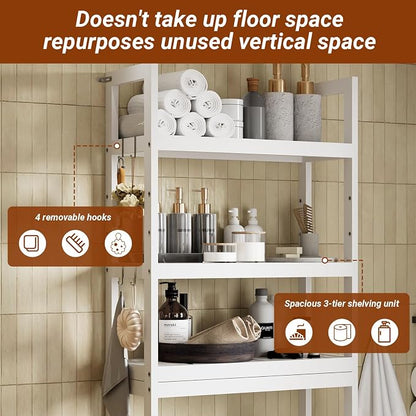 Over the Toilet Storage Cabinet, 3 Tier Over Toilet Bathroom Organizer with Adjustable Shelves and Hooks, Freestanding Wood Bathroom Shelves Over Toilet for Space Saver (White)