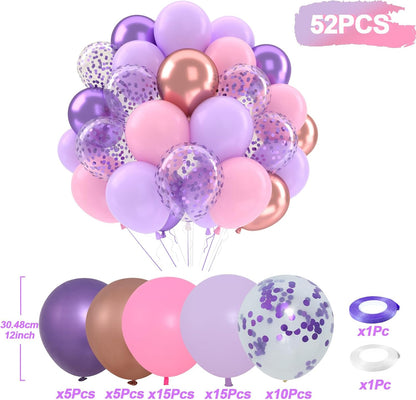 Patimate Purple and Pink Balloons Set, 50 pcs 12 inch Metallic Rose Gold Purple Pastel Pink Purple Confetti Latex Balloons Kit for Girl Birthday Baby Shower Wedding Party Decorations