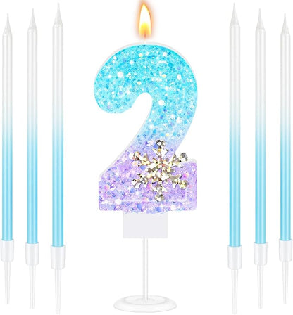 MTLEE Number 2 Birthday Candle Blue Snowflake with 6 Long Thin Cupcake Candles Blue Sparklers Glitter Number Happy Birthday Cake Topper Decorations for Winter Party Supplies