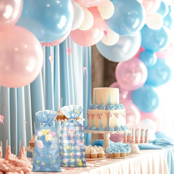 Marspark 100 Pcs Cartoon Cute Dog Party Favor Blue Goodie Bags with Ties 10.8 x 5 Inch Kawaii Themed Cellophane Candy Snacks Bags for Baby Shower Birthday Party Decorations