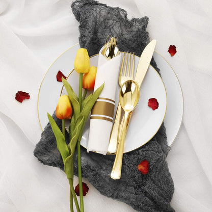 Supernal 60 Pack Pre Rolled Napkins with Gold Plastic Silverware, Premium Disposable Gold Wrapped Cutlery Set Includes: 60 Forks 60 Knives 60 Spoons 60 Napkin for Party