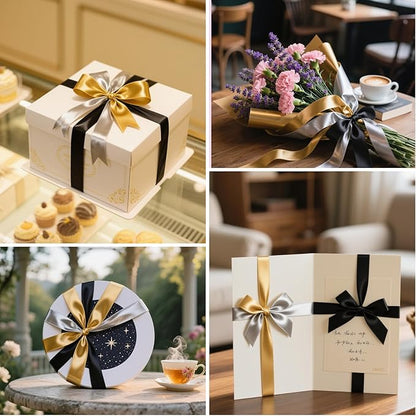 ASTARON Satin Ribbon for Crafts 1 Inch, Black Gold Solid Color Fabric Ribbon for Gifts Bouquets Wrapping DIY Hair Bows Birthday Graduation NYE Party Decorations