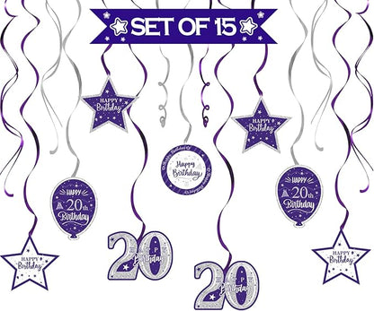 Happy 20th Birthday Purple & Silver Glitter Swirls Streamers Party Decorations - 15 Pcs 20th Birthday Hanging Swirls Streamers Kit,Cheers to Twenty Years Old Bday Party Sign.