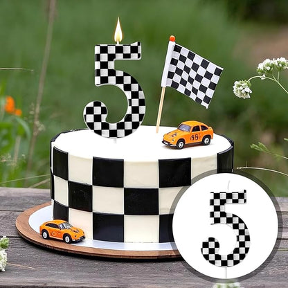 Racing Cars Themed Birthday Candle, Checkered Flag Number Candles Black and White Candles Happy Birthday Cake Topper Party Decorations for Boys Racing Cars Themed Party Supplies (Number 5)