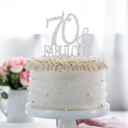70 & Fabulous Cake Topper 70 Years Birthday Or 70th Wedding Anniversary Silver Crystal Rhinestone Party Decoration