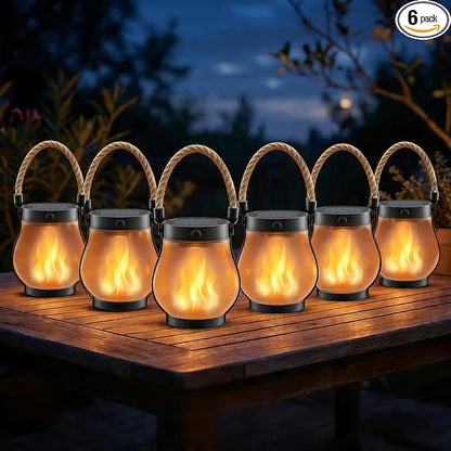 Solar Lanterns Outdoor Waterproof 6 Pack, Outdoor Solar Lanterns with Flickering Flame Effect, USB-C & Solar Charging, Auto Dusk to Dawn, Hanging Light for Garden Patio Yard