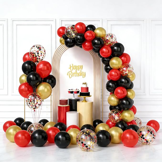 Netnology Red Black Gold Balloons, 60Pcs 12 Inch Red Black Metallic Gold Latex Balloon and Confetti Balloon for Graduation Birthday Casino Theme Party Wedding Anniversary Party Decorations