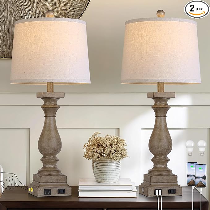 28" Tall Farmhouse Table Lamps Set of 2 with USB C+A Ports and AC Outlet, 3 Way Touch Control Rustic Bedside Lamp for Bedroom, Brown Vintage Nightstand Lamp for Living Room Office