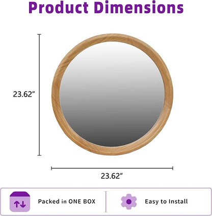 23.62'' Natural Wood Round Wall Mirror with Solid Wood Frame & Pre-Installed Hanging, Decorative Mirror with Large Reflective Surface for Bathroom Bedroom Living Room, Natural
