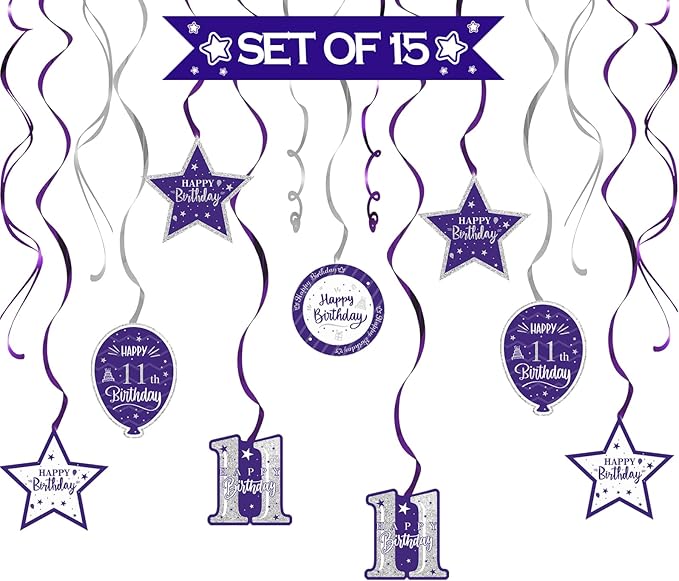 Happy 11th Birthday Purple & Silver Glitter Swirls Streamers Party Decorations - 15 Pcs 11th Birthday Hanging Swirls Streamers Kit,Cheers to Eleven Years Old Bday Party Sign.