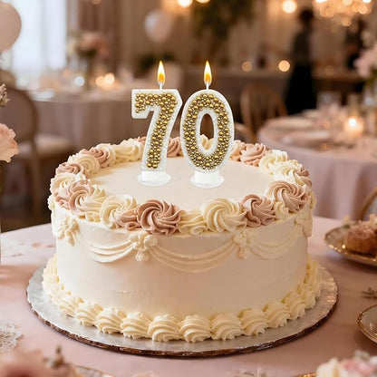 70 Birthday Number Candle for Cake, Glitter Number Candle with Gold Beads, Decorative Cake Topper for Milestone Celebrations