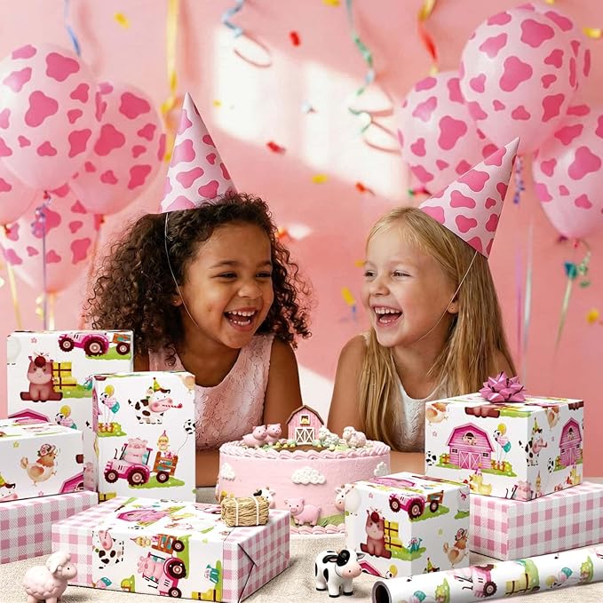 WERNNSAI Farm Animal Wrapping Paper - 1 roll 17” x 33 ft Pink Farm Gift Wrapping Paper for Kids Girls Birthday Baby Shower Animal Gift Wrap Barnyard Theme Party Favor Pink Plaid Design
