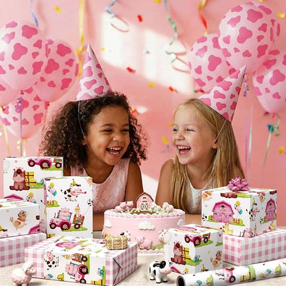 WERNNSAI Farm Animal Wrapping Paper - 1 roll 17” x 33 ft Pink Farm Gift Wrapping Paper for Kids Girls Birthday Baby Shower Animal Gift Wrap Barnyard Theme Party Favor Pink Plaid Design