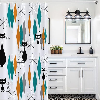 Mid Century Modern Cat Shower Curtain,Abstract Atomic Starburst Geometric Diamond Pattern Shower Curtains Set for Bathroom Fabric Decorative Bath Curtain Washable Curtain Hooks, 72x72”