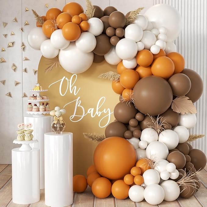 MEBAY Fall Thanksgiving Balloon Arch Kit, 155 Pcs Boho Brown Orange White Balloons Garland for Baby Shower Autumn Birthday Party Decorations