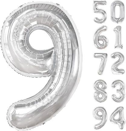 Silver 9 Balloon, Number Balloons 40 Inch, 9th Giant Birthday Decorations for Boys Girls, 19th 29th Silver Party Decorations Supplies, Number 9 Balloon