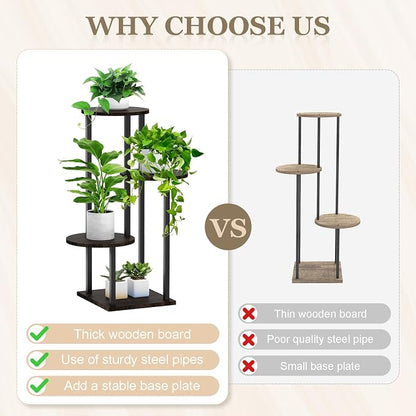 4 Tier Plant Stand Indoor, Metal Wooden Tall Plant Shelf Flower Pot Stand for Multiple Plants, Corner Flower Holder Plant Display Rack for Living Room Balcony Patio Garden (Black)