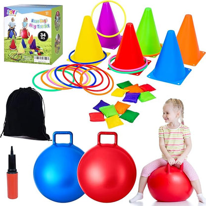 JOY SPOT! Carnival Outdoor Games Combo Set for Kids, 18 Inch Hopper Balls with Handles, Ring Toss, Bean Bags, Egg Spoon Relay Race, Fun for Backyard, Field Day, School, Birthday Parties, Family Events