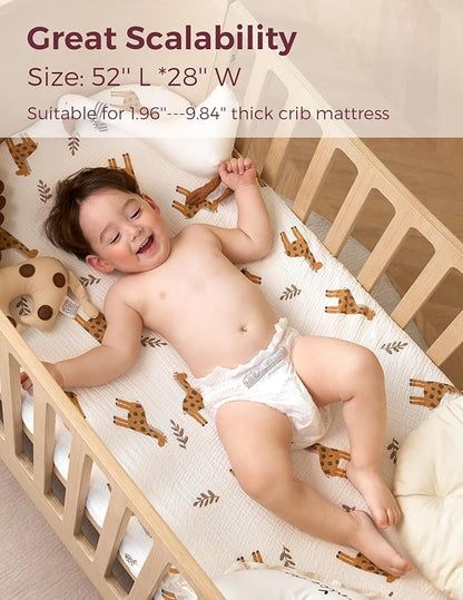 Momcozy Muslin Standard Fitted Crib Sheets, 52"x28", 2 Pack Soft Breathable Natural Cotton Baby Mattress Sheet, 360° Mattress Wrapping No Slip Boys Girls Neutral Toddler Bed Sheet, Bravery Giraffe