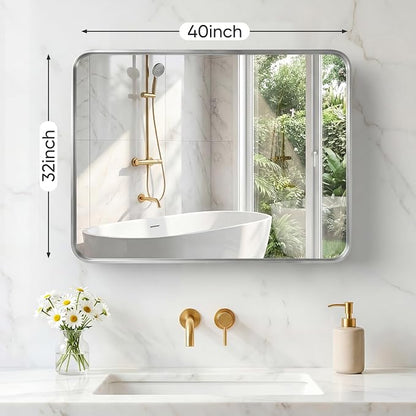NEWBULIG 32X40 Inch Bathroom Mirror for Over Sink, Wall Vanity Mirrors Tempered Glass, Anti-Rust Metal Framed Rounded Rectangle, Hangs Horizontally or Vertically, Farmhouse Home Decor, Silvery
