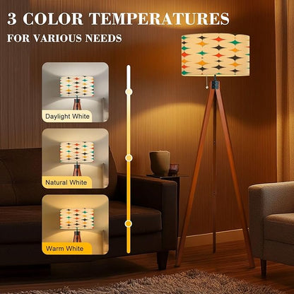 Wood Tripod Floor Lamp Mid Century Fifties Modern Stars Retro Colors Seamless Part Collection Mid Century Standing Lamp Linen Shade Dimmable Modern Tall lamp Home Decor for Living Room Bedroom Office