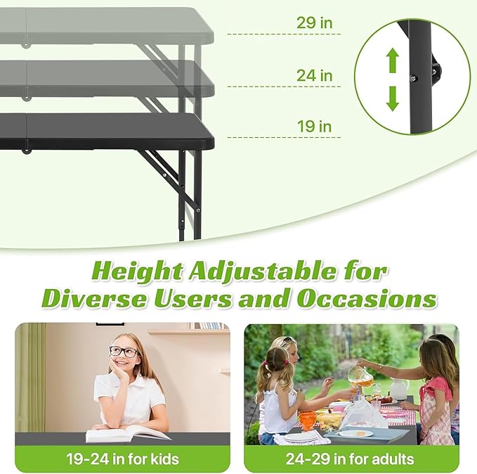 4FT Folding Table - Heavy Duty Portable Plastic Utility Table with Adjustable Height, Carry Handle. Indoor Outdoor Use for Camping, Parties, Picnics, Tailgating (4ft, Black)