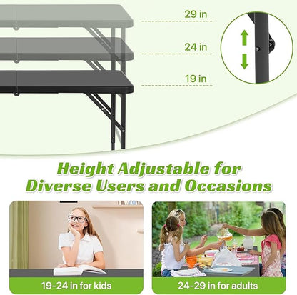 4FT Folding Table - Heavy Duty Portable Plastic Utility Table with Adjustable Height, Carry Handle. Indoor Outdoor Use for Camping, Parties, Picnics, Tailgating (4ft, Black)